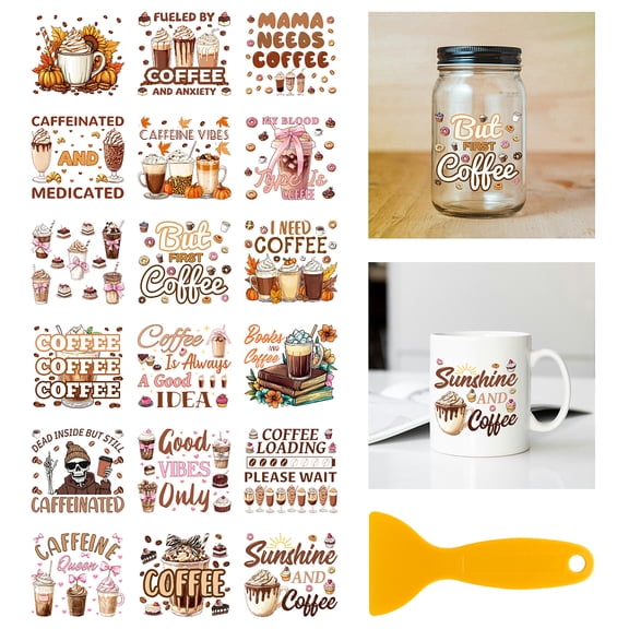 18 Sheets Coffee Copywriter Rub on Transfer 3.9x3.6inch Colorful Cappuccino Donut Small Cakes Home Decals Flowers Cup Transfer DecalsDIY
