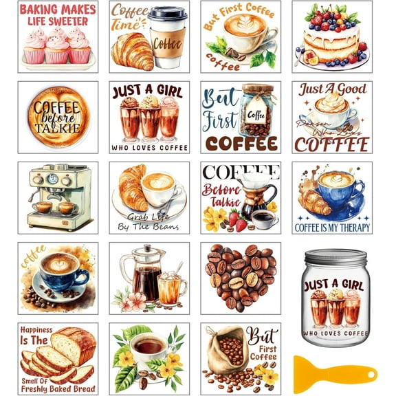 18 Sheets Coffee Rub on Transfer 3.9x3.6inch Colorful Dessert Bread Home Decals Food Cup Transfer Stickers for Furniture Vase Glass Art Crafts Decorations
