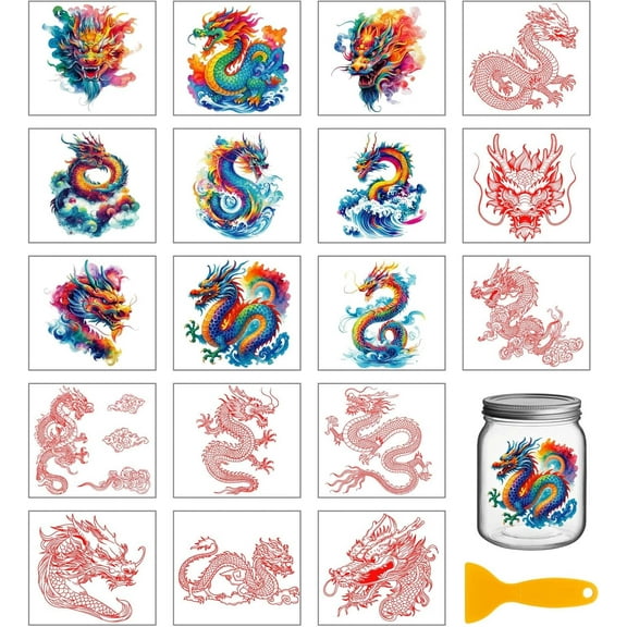 18 Sheets Colorful Cartoon Chinese Dragons Rub on Transfers Red Oriental Dragon and Clouds Waterproof UV DTF Cup Wraps Decals Stickers