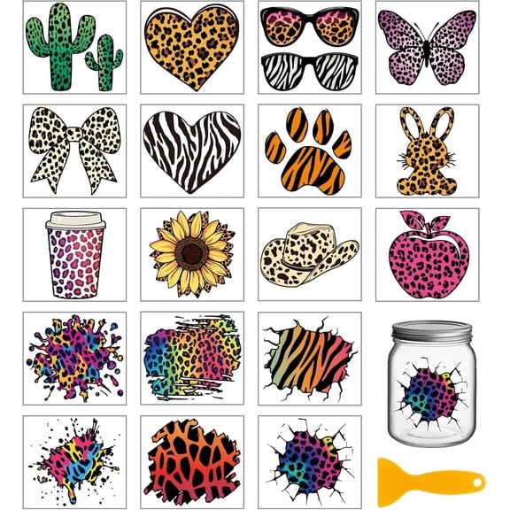 18 Sheets Colorful Daily Plants and Animals Rub on Transfer for Glass Bottle UV DTF Cup Wraps Leopard Zebra Tiger Print Decals Stickers Transfer Stickers Home Decals for Vase Porcelain