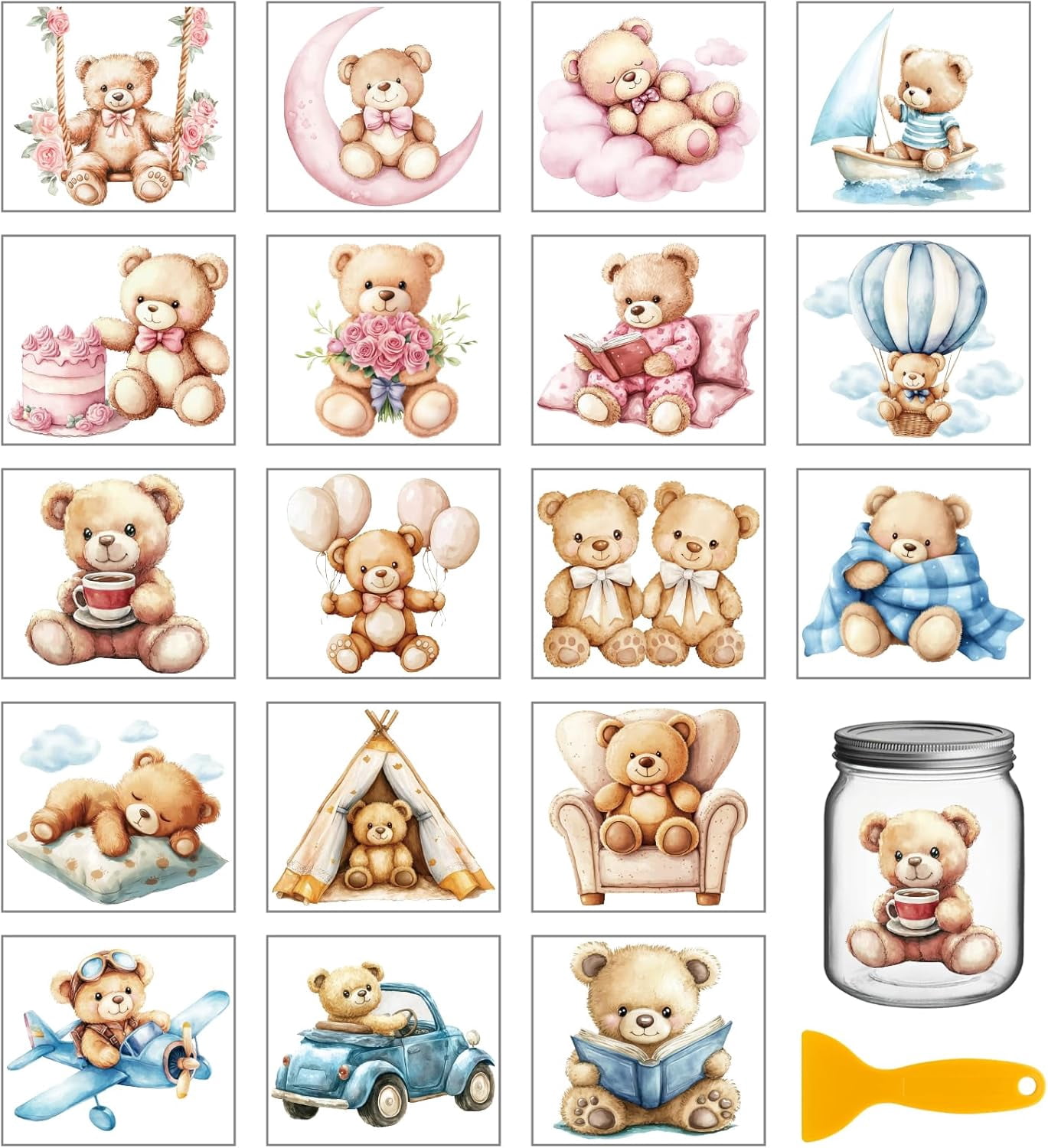 18 Sheets Cute Bear Colorful Transfer Stickers 3.9x3.6inch Teddy Bear ...
