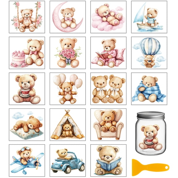 18 Sheets Cute Bear Colorful Transfer Stickers 3.9x3.6inch Teddy Bear Transfer Decal Rub on Transfer for Furniture Vase Glass