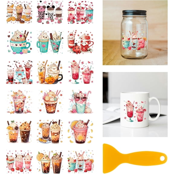 18 Sheets Drinks Rub on Transfer 3.9x3.6inch Colorful Milk Tea Home Decals Coffee Ice Cream Cup Transfer Decals