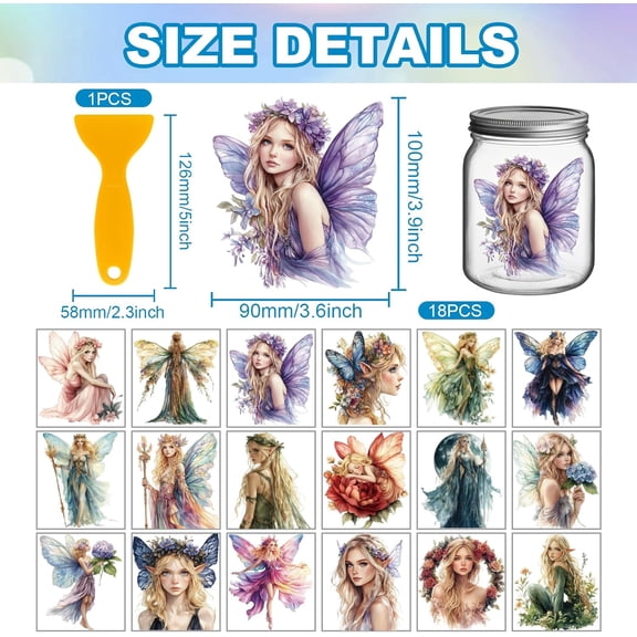 18 Sheets Fairy Rub on Transfer 3.9x3.6inch Colorful Elf Flower Vase Home Decals Butterfly Wings Cup Transfer Stickers for Furniture Vase Glass Art Crafts Decorations