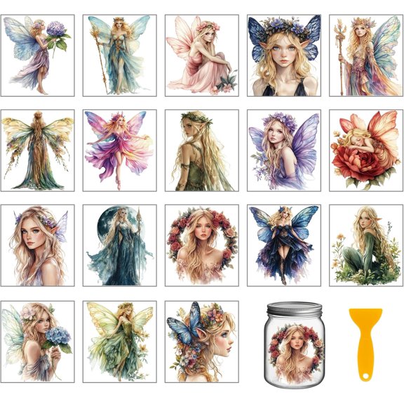 18 Sheets Fairy Rub on Transfer 3.9x3.6inch Colorful Elf Flower Vase Home Decals Butterfly Wings Cup Transfer Stickers for Furniture Vase Glass Art Crafts Decorations Colorful