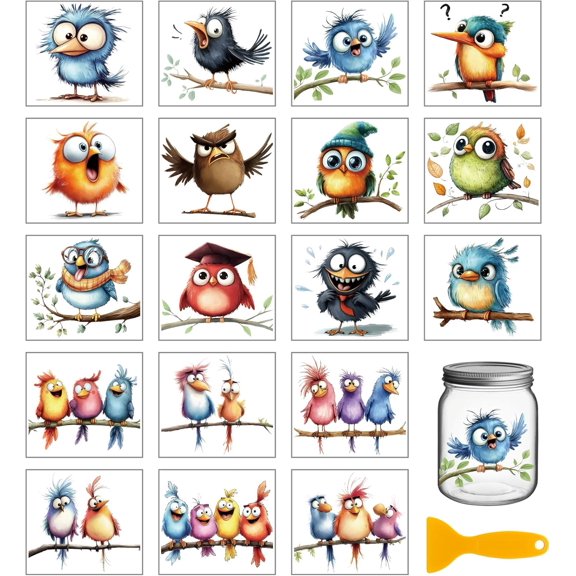 18 Sheets Funny Birds Rub on Transfer 3.9x3.6inch Colorful Animals Vase Home Decals Cup Transfer Stickers