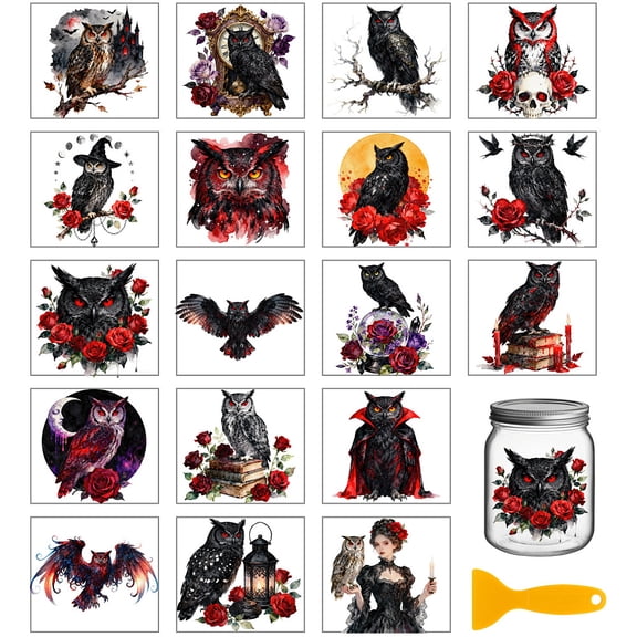 18 Sheets Gothic Owl Transfer Stickers 3.9x3.6inch Roses and Owl Rub on Transfer Stickers Colorful Decal for Jar Decorations Art Crafts