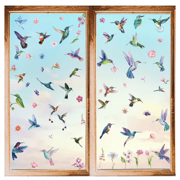 18 Sheets Hummingbird Decals 8 Style Spring Birds Flower Window Stickers Colorful PVC Clings Waterproof Self-Adhesive Vinyl Wall Art for Bathroom Restroom Bedroom Living Room Decorations
