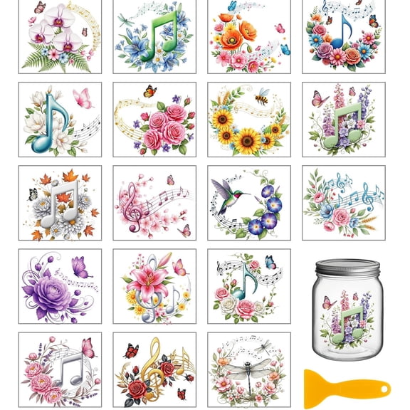 18 Sheets Music Flowers Transfer Stickers 3.9x3.6inch Colorful Notes Butterfly Transfer Decal Rub on Transfer for DIY
