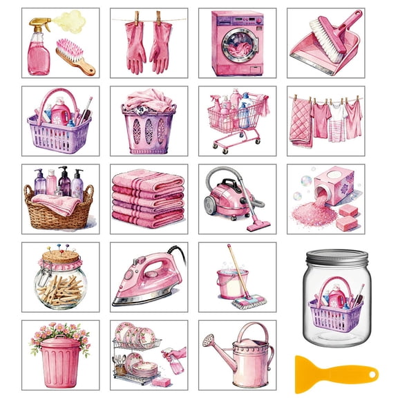 18 Sheets Pink Cleaning Tools Transfer Stickers 3.9x3.6inch Rubber Gloves and Wash Basin Rub on Transfer Stickers Colorful Decal