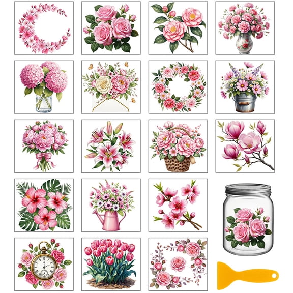 18 Sheets Pink Flowers Rub on Transfers