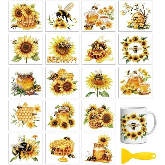 18 Sheets Rub On Transfers for Crafts Bees and Sunflowers UV DTF Cup Wrap Waterproof Cold Transfers Stickers for Wood Glass Home Decor 3.6 * 3.9inch