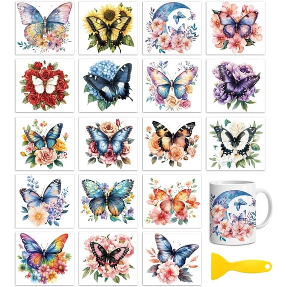 18 Sheets Rub On Transfers for Crafts Butterfly and Flower UV DTF Cup Wrap Waterproof Cold Transfers Stickers for Wood Glass Home Decor 3.6 * 3.9inch