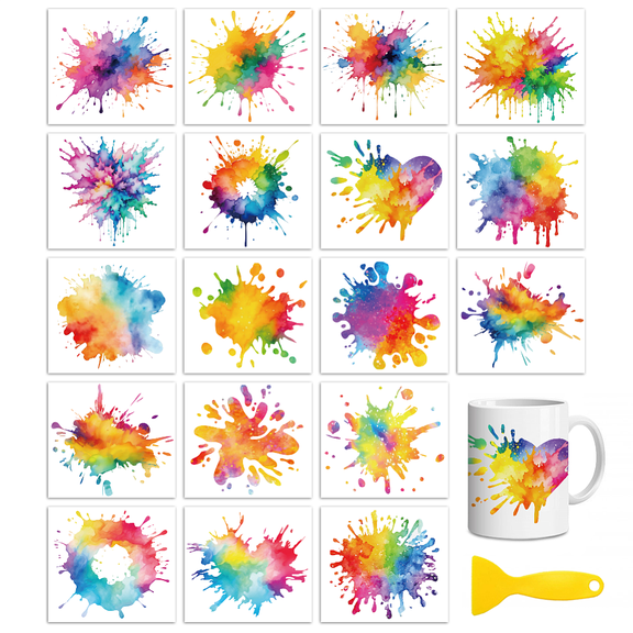 18 Sheets Rub On Transfers for Crafts Color Splatter 3.6"x3.9" UV DTF Cup Wrap Waterproof Cold Transfers Stickers