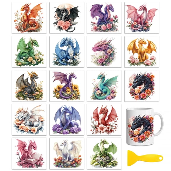 18 Sheets Rub On Transfers for Crafts Dragon and Flowers 3.6"x3.9" UV DTF Cup Wrap Waterproof Cold Transfers Stickers