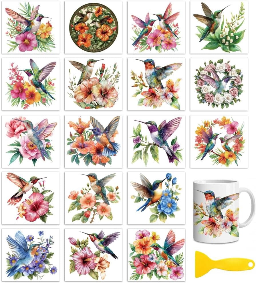 18 Sheets Rub On Transfers for Crafts Hummingbird UV DTF Cup Wrap ...