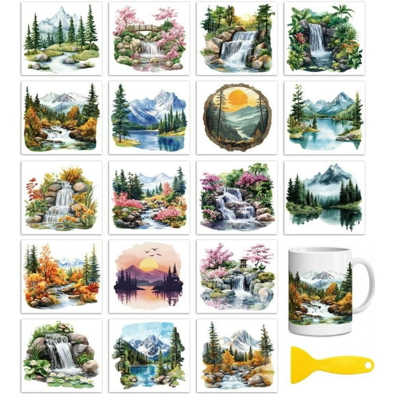 18 Sheets Rub On Transfers for Crafts Landscape UV DTF Cup Wrap Waterproof Cold Transfers Stickers for Wood Glass Home Decor 3.6 * 3.9inch