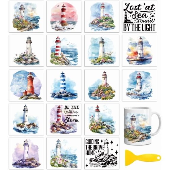 18 Sheets Rub On Transfers for Crafts Lighthouse UV DTF Cup Wrap Waterproof Cold Transfers Stickers for Wood Glass Home Decor 3.6 * 3.9inch