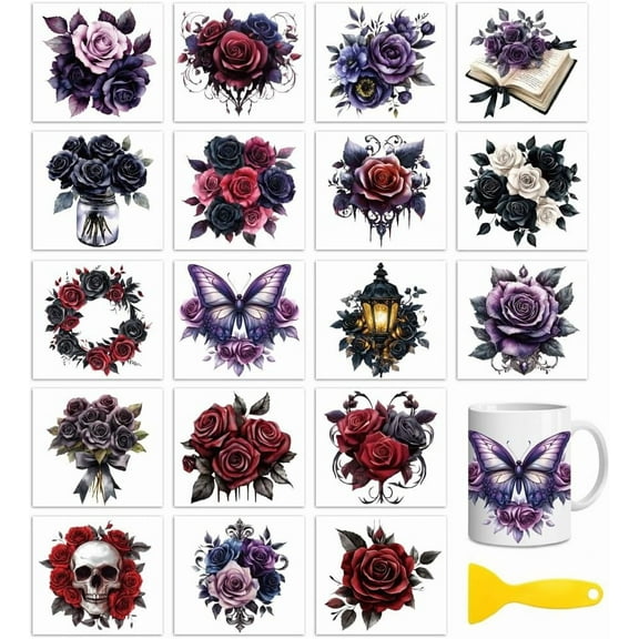 18 Sheets Rub On Transfers for Crafts Cold Transfers Stickers for Wood Furniture Decals Glass Porcelain Leather Canvas Projects 4.3 * 3.9inch(Gothic Flowers Roses Butterflies)