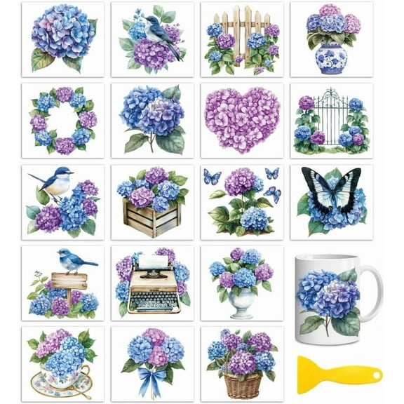 18 Sheets Rub On Transfers for Crafts Cold Transfers Stickers for Wood Furniture Decals Glass Porcelain Leather Canvas Projects 4.3 * 3.9inch(Hydrangea)