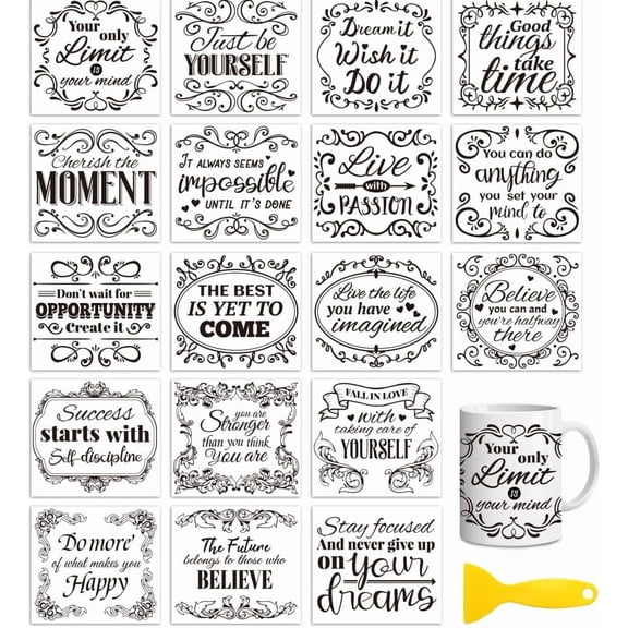 18 Sheets Rub On Transfers for Crafts Cold Transfers Stickers for Wood Furniture Decals Glass Porcelain Leather Canvas Projects 4.3 * 3.9inch(Retro and Inspirational Quotes)