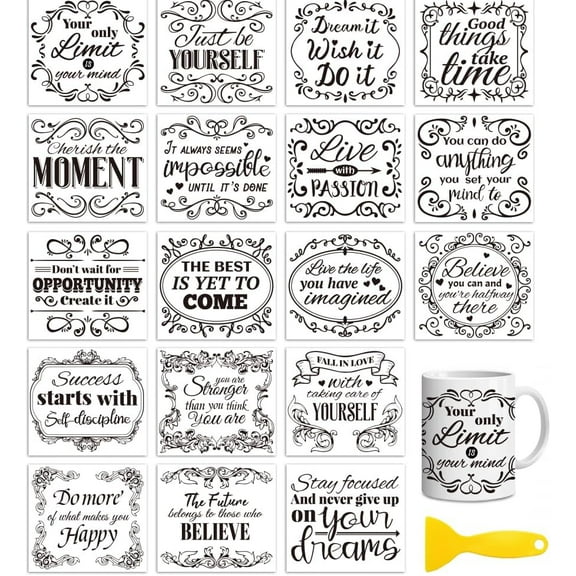 18 Sheets Rub On Transfers for CraftsRetro and Inspirational Quotes UV DTF Cup Wrap Waterproof Cold Transfers Stickers for Wood Glass Home Decor 3.6 * 3.9inch Colorful