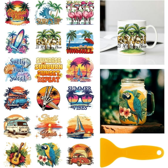 18 Sheets Summer Beach Transfer Stickers 3.9x3.6inch Surfing Decals Stickers Parrots and Flamingos Rub on Transfer for Furniture Vase Glass Mason Jar Decorations Art Crafts Mixed Color