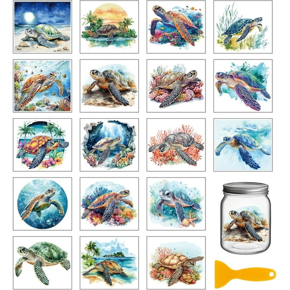 18 Sheets Summer Sea Turtle Transfer Stickers 3.9x3.6inch Ocean Animal Colorful Transfer Decal Rub on Transfer for Furniture Vase Glass Art Crafts Decorations