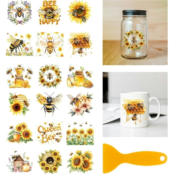 18 Sheets Sunflower and Bee Transfer Stickers 3.9x3.6inch Honey and Bee Decals Stickers Bee Happy Rub on Transfer for DIY Furniture Vase Glass Mason Jar Decorations Art Crafts