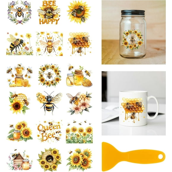 18 Sheets Sunflower and Bee Transfer Stickers 3.9x3.6inch Honey and Bee Decals Stickers Bee Happy Rub on Transfer for Furniture Vase Glass Mason Jar Decorations Art Crafts