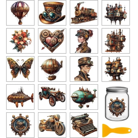 18 Sheets Vintage Steampunk Rub on Transfers Metal Machinery Cars Waterproof UV DTF Cup Wraps Hot Air Balloon Decals Stickers