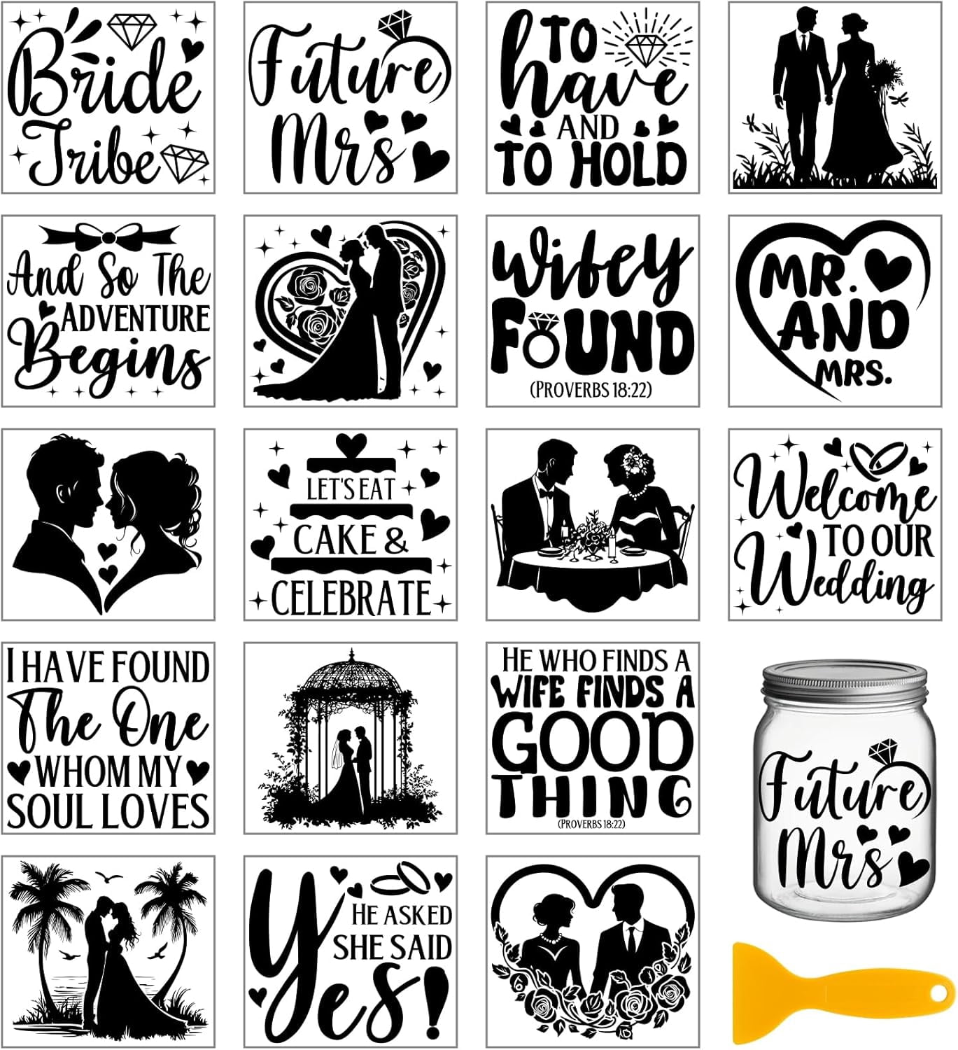 18 Sheets Wedding Text Transfer Stickers 3.9x3.6inch Bride Couple ...