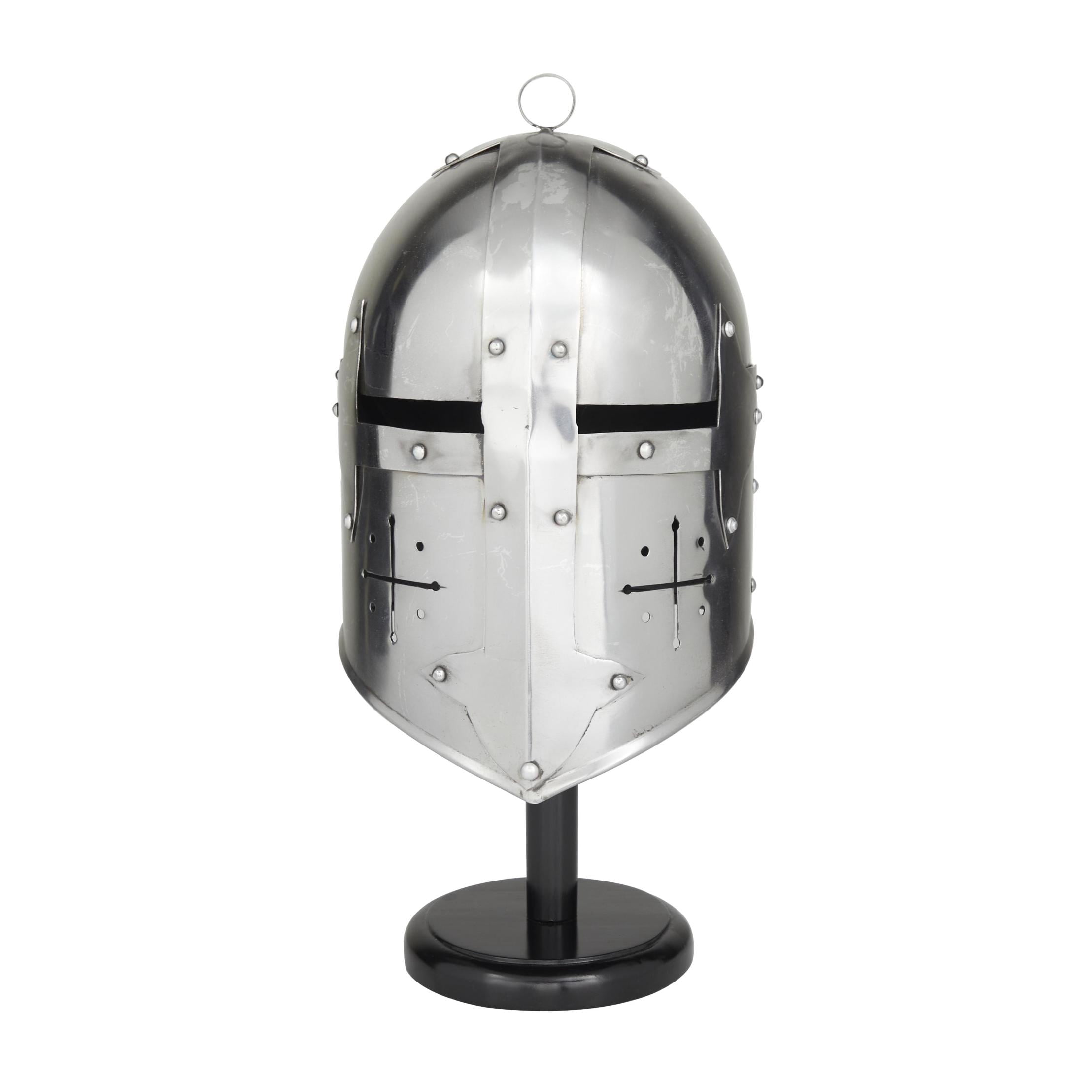 18" Silver Metal Replica Medieval Knight Crusader Mask Helmet with Black Wood Stand, by DecMode