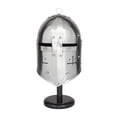 thumbnail image 1 of 18" Silver Metal Replica Medieval Knight Crusader Mask Helmet with Black Wood Stand, by DecMode, 1 of 9