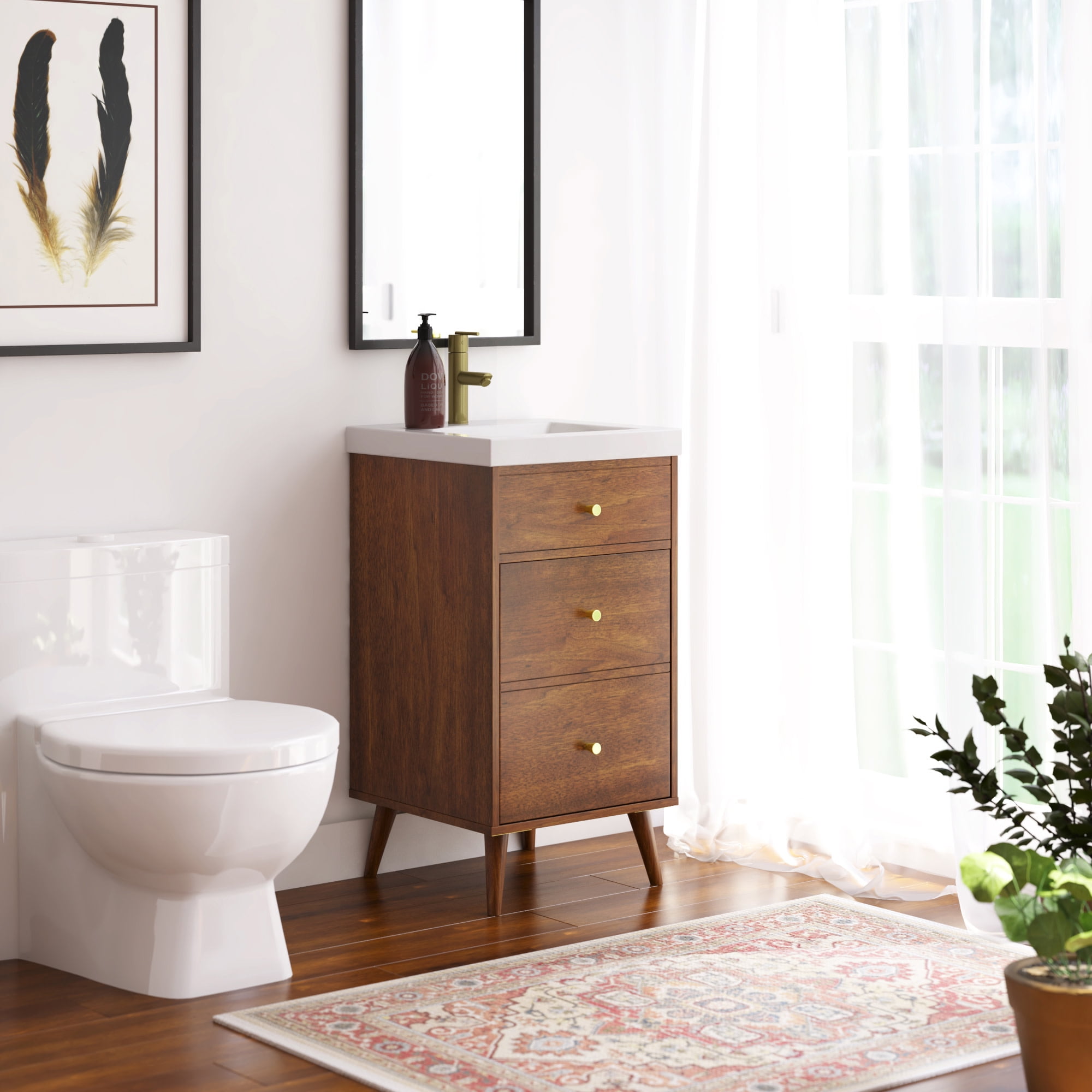 North Brown 18" Freestanding Single Sink Bathroom Vanity with Brass Hardware