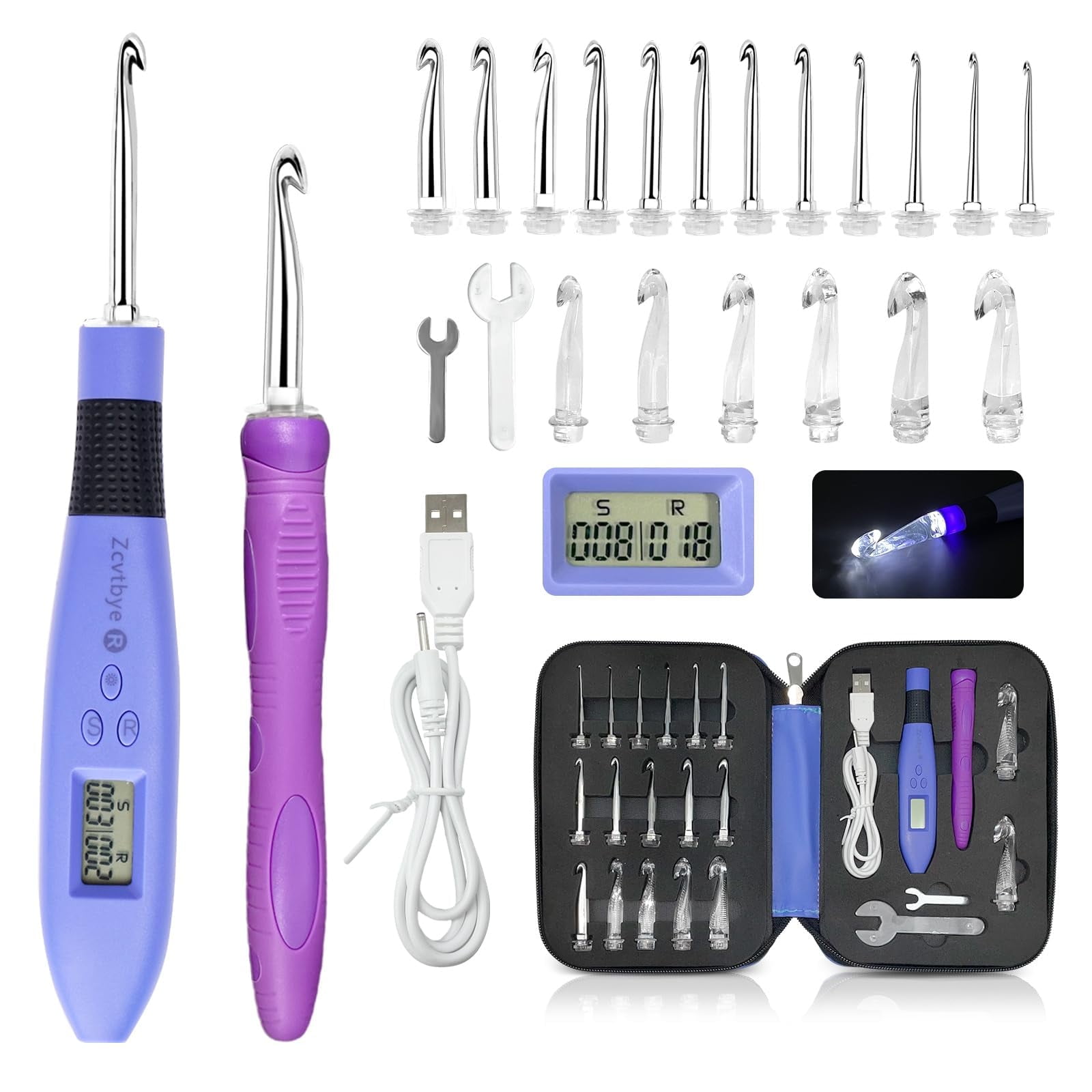 18-Size Lighted Crochet Hooks Set with Digital Counter, Rechargeable LED Crochet Hook Kit for Stitch & Row Counting, Ergonomic Crochet Hooks for Beginners & Experts (2.0mm-14.0mm)