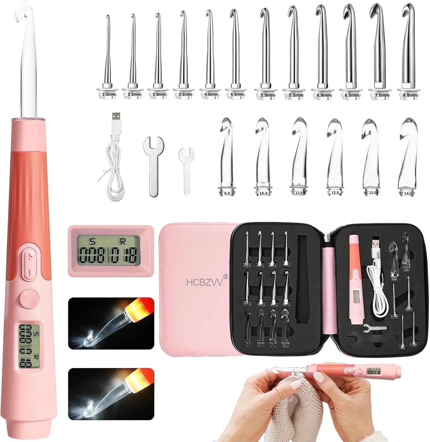 YSZZYSM 18 Sizes Lighted Crochet Hooks Set, Counting Crochet Hooks 2mm~14mm, Lighted Crochet Hooks Digital Counter Crochet Hooks Set with Case