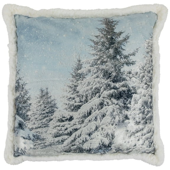 18" Sky Blue Winter Forest Scene Square Christmas Throw Pillow with High Pile Fleece Back