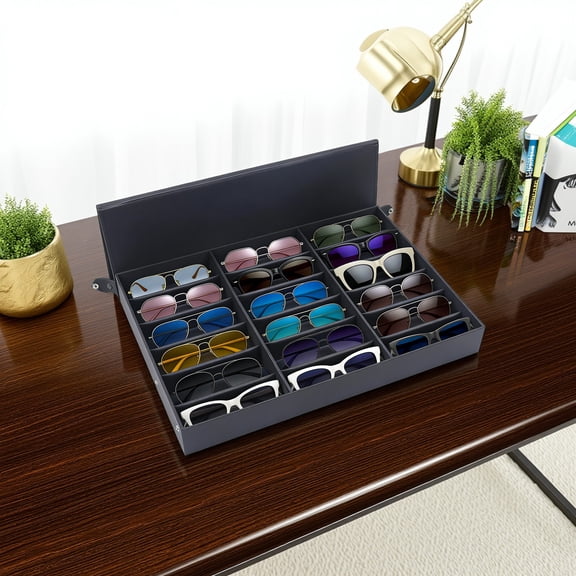 18-Slot Sloped Sunglasses Display Tray, Eyeglass Organizer for Retail Counter & Home Eyewear Collection Storage Arrangement