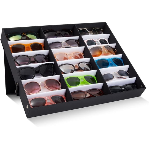18-Slot Sunglass Organizer & Sunglasses Case - Black 18.7 x 14.9 x 2.4 in - Eyeglass Holder & Glass Display Box for Desk & Vanity - Travel Storage Organizer & Watch Storage Box