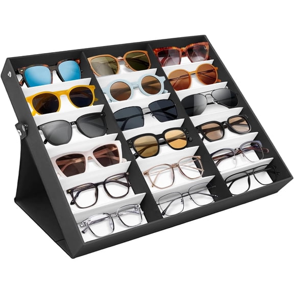 18 Slot Sunglasses Organizer, Tabletop Sunglasses Case with Fixed Buttons & Soft Silk Lining, 18.7" Rectangular Glass Display Case for Sunglasses, Eyeglasses