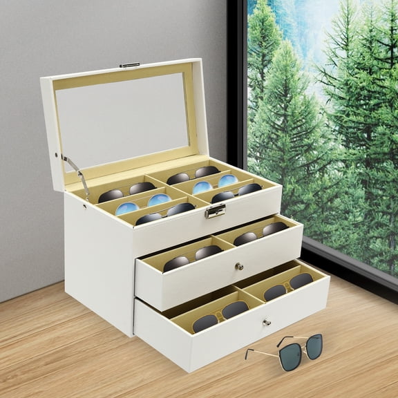 18-Slot Sunglasses Storage Box with Clear Lid, Lock & Key, PU & Fluff Lining, Tabletop Glasses Organizer for Eyeglasses