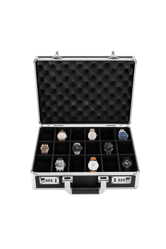 18 Slots Watch Display Storage Box Locking Display Briefcase for Store Rings Bracelets Earrings Cuff Links Hairpins Ties Brooches (Black)