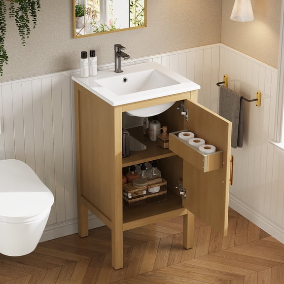 18 Small Bathroom Vanity with Ceramic Sink, Natural Wood Storage Cabinet with Adjustable Shelf, Soft-Closing Hinges for Small Space Solution