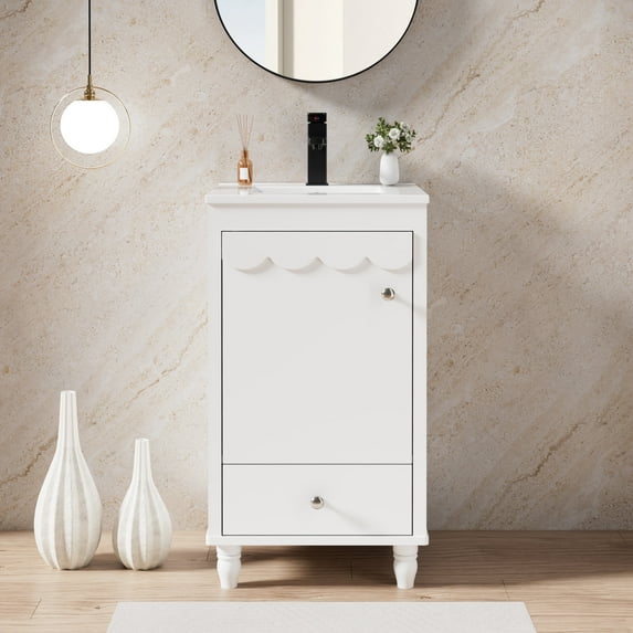 18" Small Bathroom Vanity with Ceramic Sink Top, Faucet, Decorative Wavy Edge