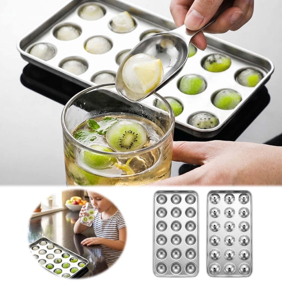 18 Small Round Cube Stainless Steel Ice Tray with Lid Food Grade 304 Metal for Whiskey Cocktails Home Bar Party Silver