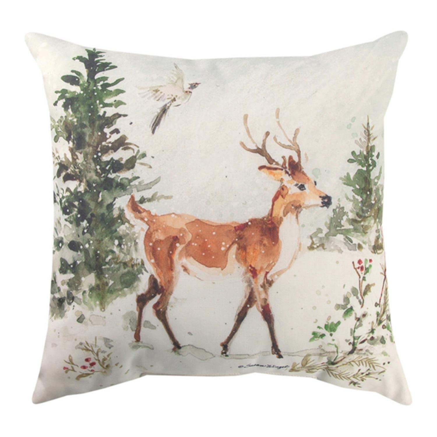 18" Square Christmas Forest Deer Polyester Throw Pillow