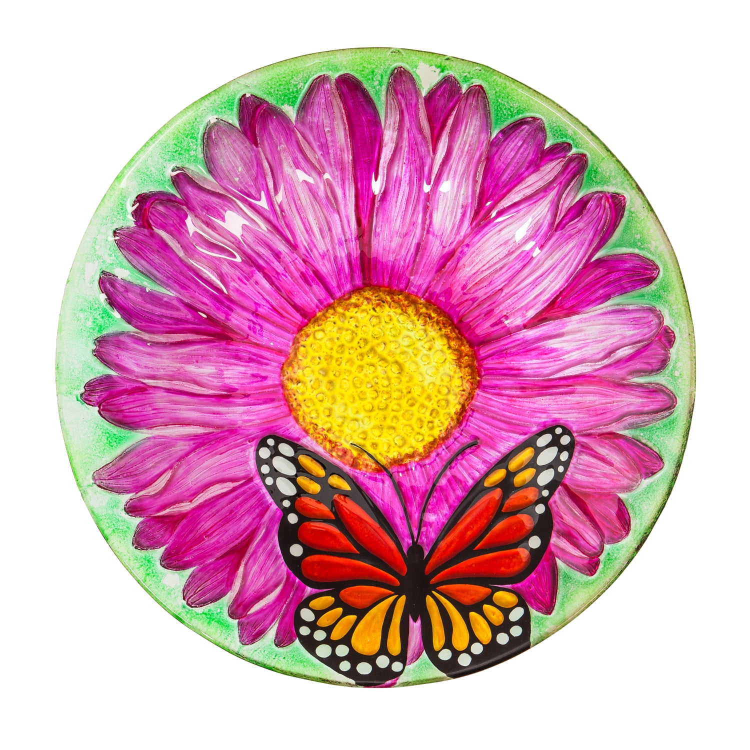 18" Solar Hand Painted Embossed Glass Bird Bath with Stand, Butterfly