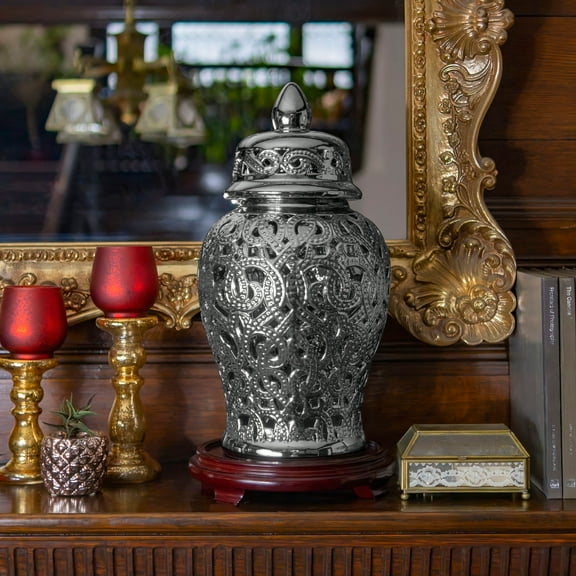 Red Lantern 18" Spiral Lattice Temple Jar - Silver