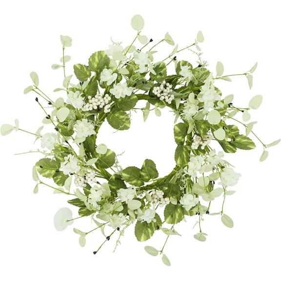 18" Spring Wreaths for Front Door Summer Wreath with Green Eucalyptus Leaves Hydrangeas White Berries, Artificial Wreath Green Foliage Wreath for Wall Window Farmhouse Party Home Decor